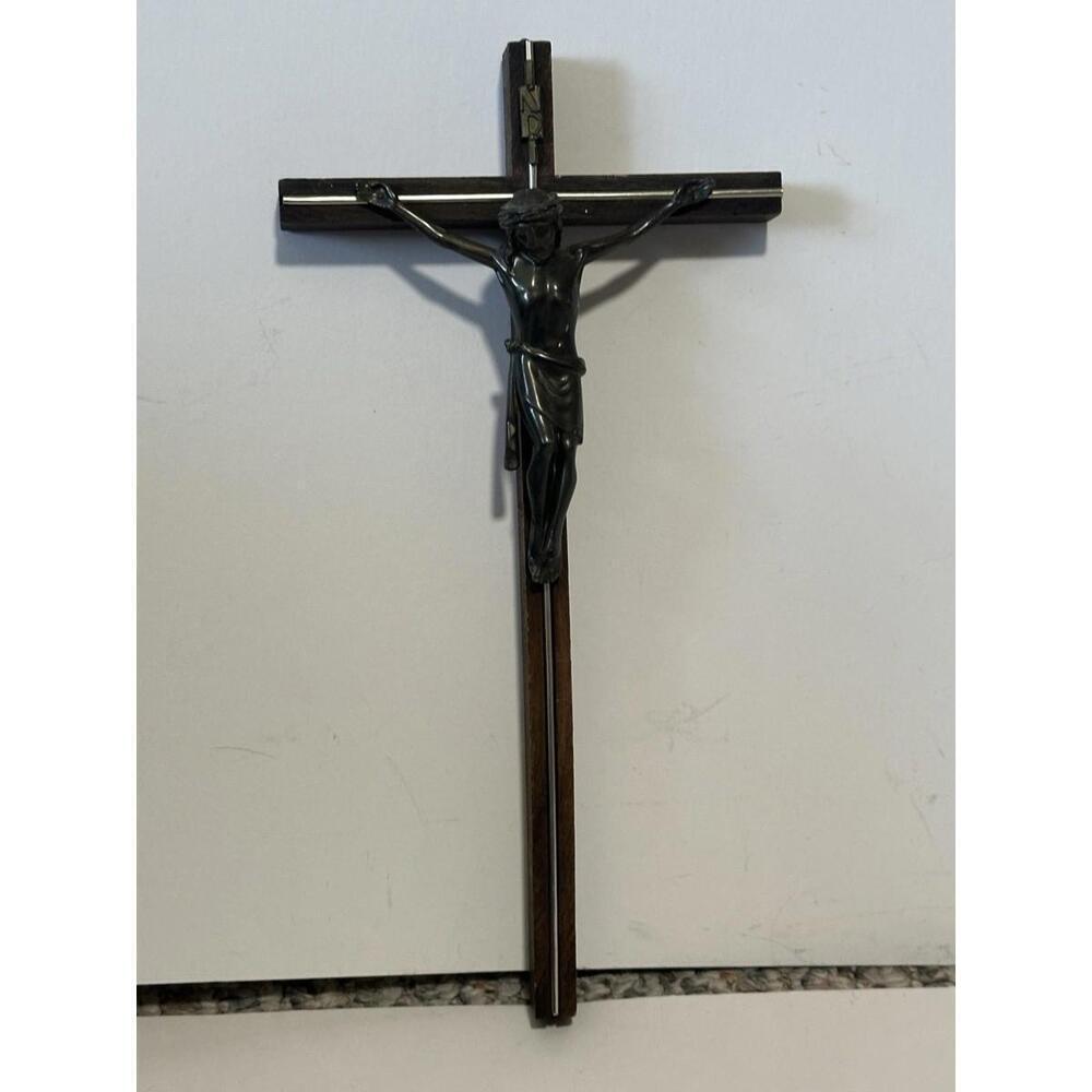 Art Deco Crucifix INRI Wall Decor Wood Metal 12” Long X 6” Wide